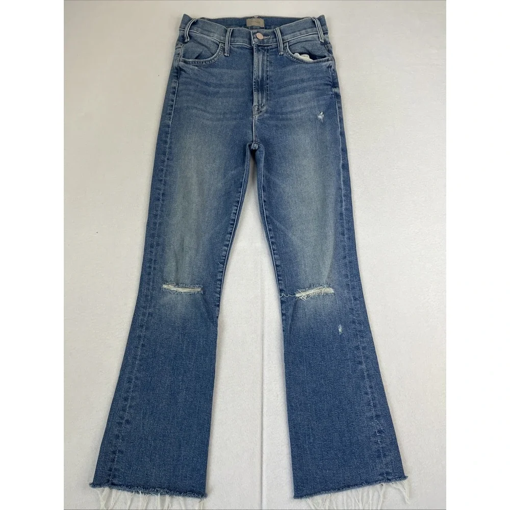 MOTHER The Hustler Ankle Fray Jean 25 Blue Understudy Distressed Flare High-Rise